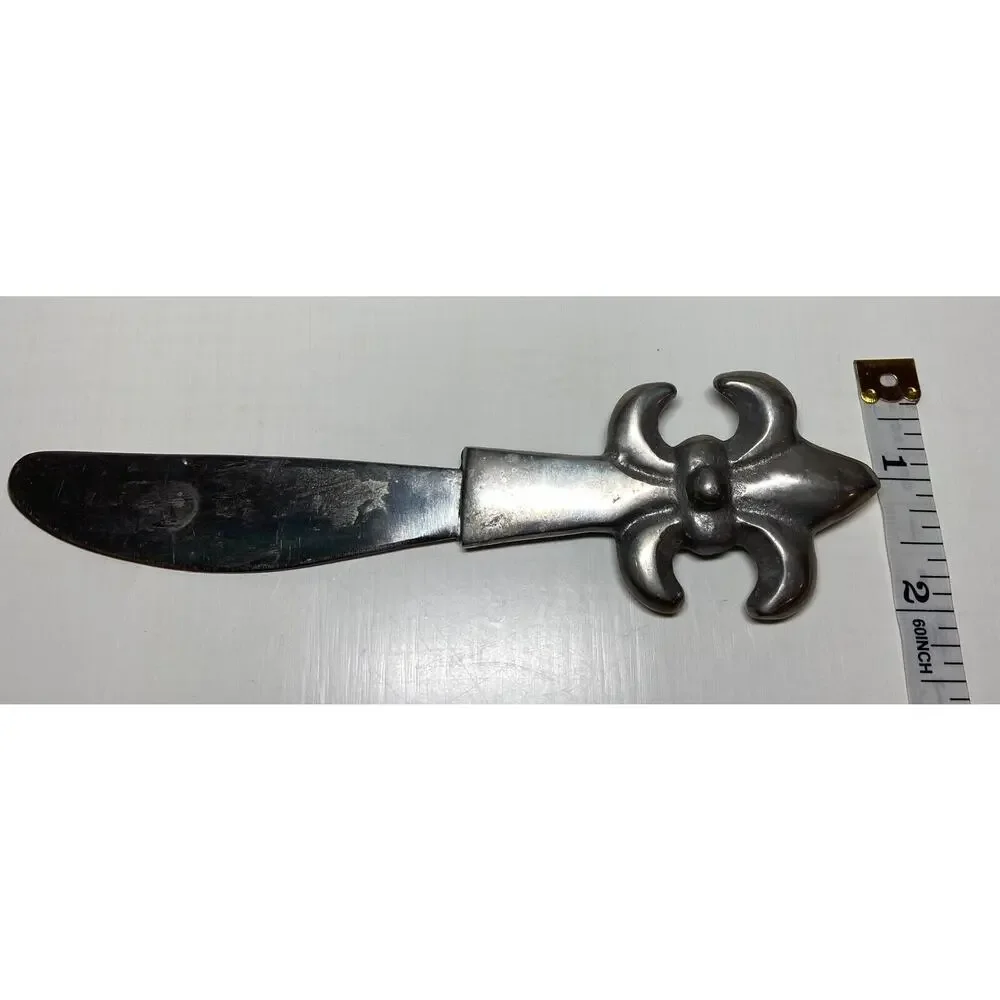 Vintage Pewter Fleur-De-Lis Cheese Dip Bowl & Spreader Knife Set